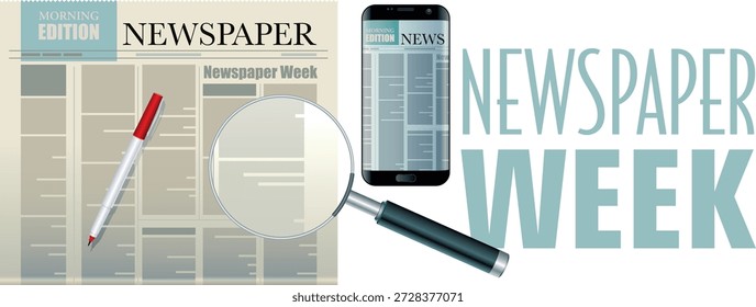 Um design gráfico criativo para "Semana do Jornal" com um jornal físico, uma lupa, uma caneta e um smartphone exibindo um aplicativo de notícias. O proeminente texto "NOTÍCIAS" enfatiza o jornalismo e a mídia, adequados para modelos, promoções ou eventos relacionados com notícias.