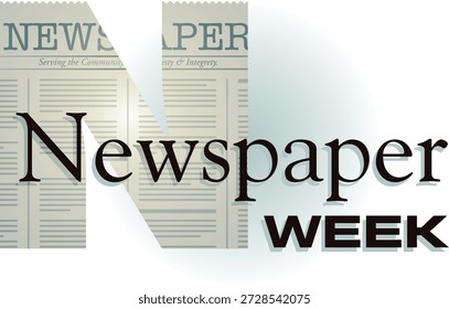 Um design gráfico criativo para a Newspaper Week, apresentando tipografia arrojada com uma letra texturizada de jornal "N". O design destaca jornalismo, cobertura de notícias e serviço comunitário, tornando-o ideal para campanhas de conscientização da mídia, promoções editoriais e eventos relacionados à imprensa.