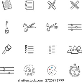 Creative graphic design tools, school stationery, and office supplies line icons including pen, ruler, and scissors.