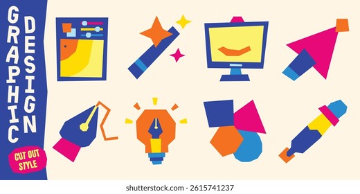 Creative graphic design tools vector illustration in cut-out style. A bold and modern design element ideal for prints, posters, digital projects, and social media content.