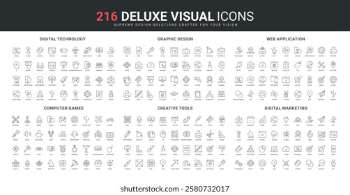 Creative graphic design tools, video games for computer and console, marketing line icon set. Digital technology, web app wireframe development thin black outline symbols vector illustration
