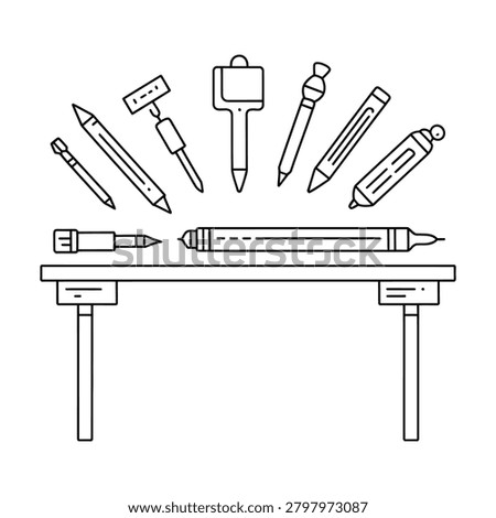 Creative Graphic Designer Artist Workspace with Floating Tools Line Art