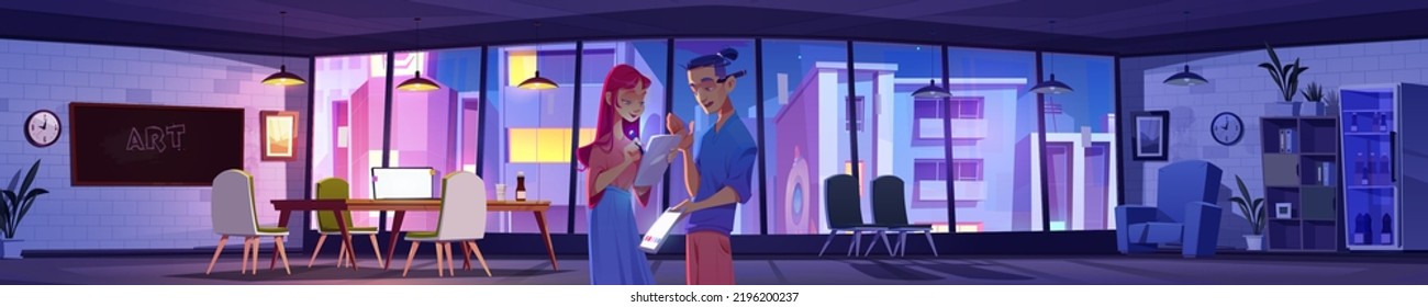 Creative graphic designers work in open space office at evening. Man talk with girl digital artist drawing on tablet in coworking room, Vector cartoon illustration