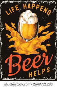 A creative graphic displays a beer glass filled with golden liquid and a frothy top surrounded by a splash of yellow. It highlights the theme of enjoying life with beer.