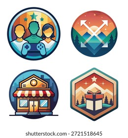 Conjunto de iconos gráficos creativos con insignia de Equipo de juego, icono de montaña direccional Abstractas, ilustración local de la tienda y collage de emblema de caja de regalo de montaña