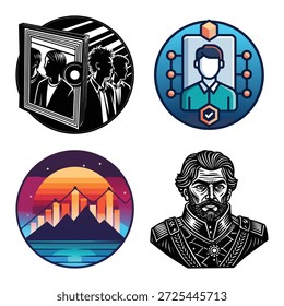 Creative Graphic Icon Set mit Tech Identity Badge, Sunset Data Growth Graph, historisch geätzten männlichen Porträt, und Künstlerische Gruppe Silhouette Collage