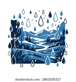 A creative graphic illustration featuring a scenic mountain landscape with trees and a river under a heavy rain shower in shades of blue and white