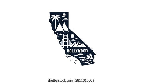 A creative graphic illustration featuring a silhouette map of California filled with icons including palm trees, the Golden Gate Bridge, mountains, and waves, with Hollywood text.
