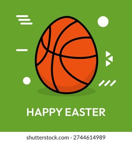 Creative graphic illustration of an orange Easter egg with basketball texture on a green background with geometric elements.
