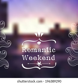 Creative graphic message for romantic travel summer design.Vector blurred background with lettering and hand drawn sea elements. Purple sunset in Barcelona, Spain.