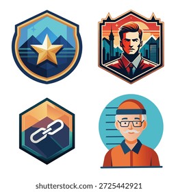 Conjunto gráfico creativo que presenta la insignia de la estrella de oro en el escudo azul, retrato masculino moderno con el fondo de la ciudad del atardecer, símbolo geométrico del Enlace de la cadena y collage masculino masculino anciano amistoso del avatar