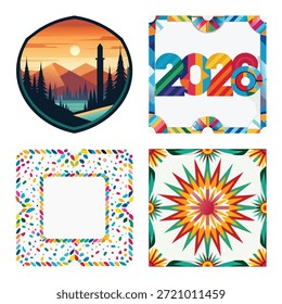 Conjunto gráfico creativo con insignia de aventura de paisaje de montaña, tipografía colorida del año Nuevo 2026, marco vibrante de la frontera del confeti y collage geométrico del patrón de explosión de sol