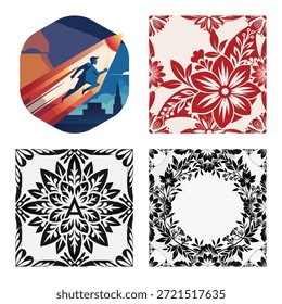 Conjunto gráfico creativo con la insignia del héroe de la velocidad del superhéroe, el modelo floral rojo vibrante de Paisley, el arte inicial monocromo del mandala y el collage elegante del marco de la corona de flores en blanco y negro