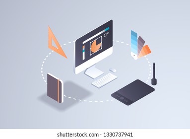 creative graphic web design project concept computer monitor screen user interface creativity digital drawing process designer workplace with tools 3d isometric horizontal