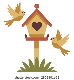 Creative graphic of yellow whimsical birdhouse against a white field with two