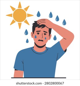 Creative graphic of youthful man with headache from sunstroke or heat healthcare