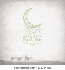 Creative graphics with camels in the desert on grungy background for Islamic Festival of Sacrifice of Eid-Al-Adha celebration. Vector illustration