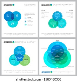 Creative graphs set for annual report, web design, business project, presentation slide template. Marketing, strategy, analysis concept. Circles, Venn charts