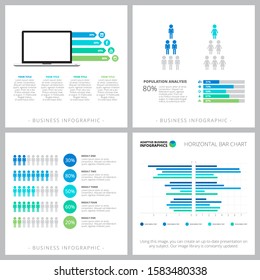 Creative graphs set for annual report, business project, web design, presentation slide template. Social media analysis, population concept. Bar, percentage, comparison charts