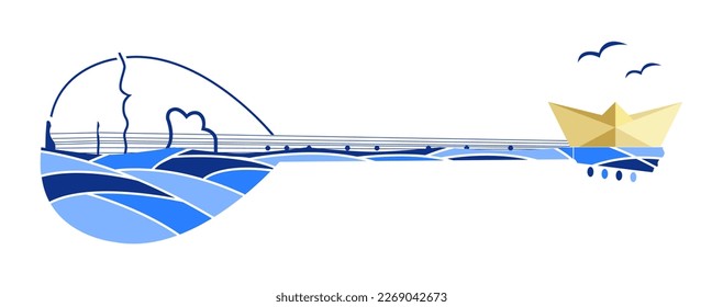 Banner griego creativo. Bouzouki sobre las olas del mar, gaviotas volantes y barco de papel dorado. Ilustración vectorial para su diseño o logotipo