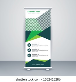 Creative Green Abstract Shapes Modern Exhibition Advertising Trend Business Roll Up Banner Stand Poster Brochure flat design template creative concept. Presentation. Cover Publication. Stock vector.