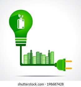 creative green battery gave power to the city concept vector