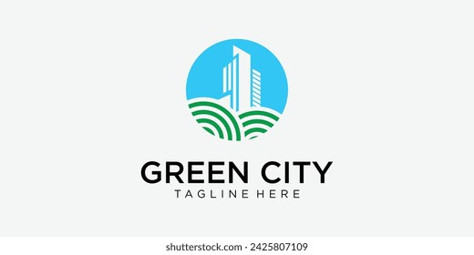 Creative green building logo design with modern style| green city logo| premium vector