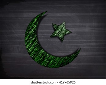 Creative Green Crescent Moon with Star on stylish background for Islamic Festivals celebration concept.