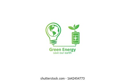 Creative Green energy eco nature power plug design with light bulb, battery and earth concept, vector logo template illustration