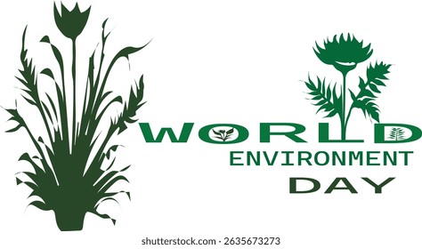 Creative green floral typography design for World Environment Day. Includes decorative plants and leaves inside the letters for a nature-focused visual. Perfect for eco-awareness campaigns, t-shirts, 