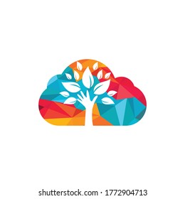 Creative green hand tree and cloud logo design. Natural products logo. Cosmetics icon. Spa logo. Beauty salon or yoga logo.	