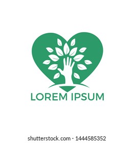 Creative green hand tree and heart logo design. Natural products logo. Cosmetics icon. Spa logo. Beauty salon or yoga logo.	
