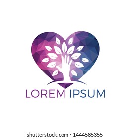 Creative green hand tree and heart logo design. Natural products logo. Cosmetics icon. Spa logo. Beauty salon or yoga logo.	