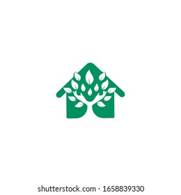 Creative green hand tree and house logo design. Natural home care logo.