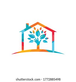 Creative green hand tree and house logo design. Natural home care logo. Spa logo. Beauty salon or yoga logo.	