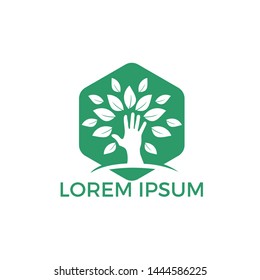 Creative green hand tree logo design. Natural products logo. Cosmetics icon. Spa logo. Beauty salon or yoga logo.	