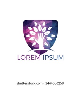 Creative green hand tree logo design. Natural products logo. Cosmetics icon. Spa logo. Beauty salon or yoga logo.	