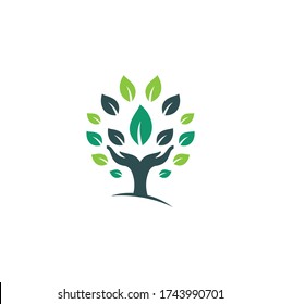 Creative green hand tree logo design. Natural products logo.