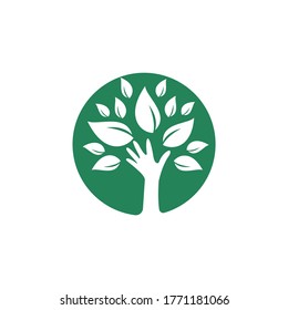 Creative green hand tree logo design. Natural products logo. Cosmetics icon. Spa logo. Beauty salon or yoga logo.