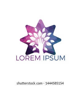 Creative green hand tree and star logo design. Natural products logo. Cosmetics icon. Spa logo. Beauty salon or yoga logo.	