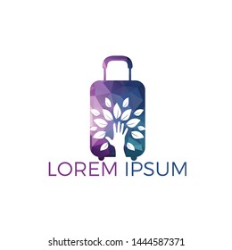 Creative green hand tree and travel bag logo design. Natural products logo. Cosmetics icon. Spa logo. Beauty salon or yoga logo.	