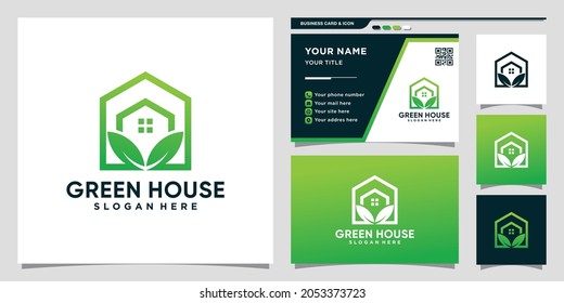 Creative green house logo with line art style and business card design Premium Vector