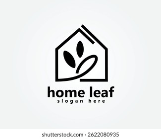creative green house logo striped house with three leaves inside,logo design template