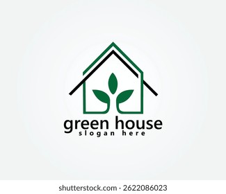 creative green house logo striped house with three leaves inside,logo design template