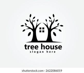 creative green house logo two trees with branches united to form a house logo design template