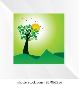 creative green landscape background with sun vector illustration