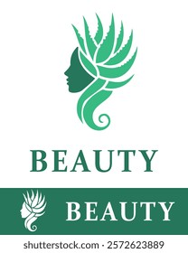 A creative green logo design featuring a woman's silhouette integrated with aloe vera leaves