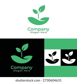 Creative green logo showing leaf growing from hand, ideal for organic products, eco friendly brands, environmental care services, and sustainability focused businesses.