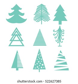 Creative green mint Christmas tree set. Abstract silhouette eve and pine icons.