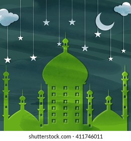 Creative Green Mosque on clouds and stars decorated background for Islamic Festivals celebration concept.